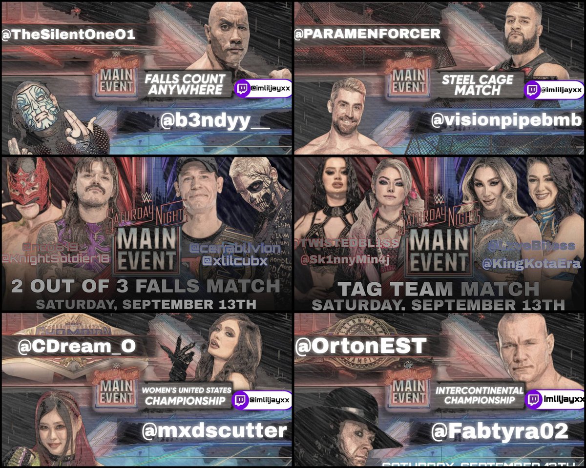 Jay ๐ฌ๐ง (@xlilcubx) on Twitter photo Full JWF Saturday Night's Main Event match card in order. LIVE RIGHT NOW ON twitch.tv/imliljayxx
Presented by:
<a href="/xlilcubx/">LilJay ๐</a>
<a href="/YassinM1303/">Yassin</a>
<a href="/neo619_/">Neoโ๏ธ</a>
<a href="/TakeshitaBoy/">๐
๐๐ง</a>
1: <a href="/thfcfresc/">James fre</a>, <a href="/GayForYeet/">๐Unknown๐</a> & <a href="/chicoestetos1/">Chico ๐ต๐น</a> VS three mystery opponents - six man tag match
2: <a href="/mxdscutter/">madelyn๐ธ</a> VS Full JWF Saturday Night's Main Event match card in order. LIVE RIGHT NOW ON twitch.tv/imliljayxx
Presented by:
<a href="/xlilcubx/">LilJay ๐</a>
<a href="/YassinM1303/">Yassin</a>
<a href="/neo619_/">Neoโ๏ธ</a>
<a href="/TakeshitaBoy/">๐
๐๐ง</a>
1: <a href="/thfcfresc/">James fre</a>, <a href="/GayForYeet/">๐Unknown๐</a> & <a href="/chicoestetos1/">Chico ๐ต๐น</a> VS three mystery opponents - six man tag match
2: <a href="/mxdscutter/">madelyn๐ธ</a> VS