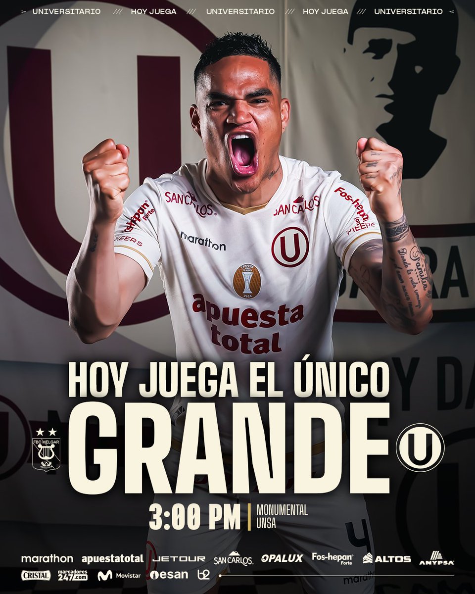 Universitario's tweet image. ¡𝗩𝗔𝗠𝗢𝗦 𝗣𝗢𝗥 𝗧𝗢𝗗𝗢! 🔥💛
⚽ 𝘍𝘉𝘊 𝘔𝘦𝘭𝘨𝘢𝘳 𝘷𝘴. 𝘜𝘯𝘪𝘷𝘦𝘳𝘴𝘪𝘵𝘢𝘳𝘪𝘰
🏆 𝘊𝘭𝘢𝘶𝘴𝘶𝘳𝘢 2025 - 𝘍𝘦𝘤𝘩𝘢 8
⏱️ 3:00 𝘱.𝘮.
🏟️ 𝘔𝘰𝘯𝘶𝘮𝘦𝘯𝘵𝘢𝘭 𝘥𝘦 𝘭𝘢 𝘜𝘕𝘚𝘈
#LaGarraDelÚnicoGrande