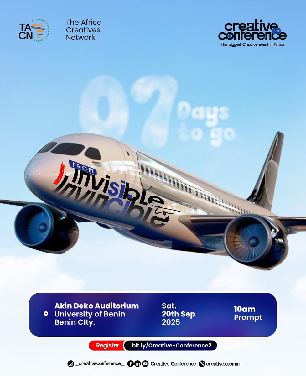 CreativeXComm's tweet image. Are you readyyy?🔥
It’s officially 7 days to the biggest creative conference in Africa.

In just 7 days, we gather to celebrate creativity, innovation, and impact.
The countdown is on!

Click here to save a seat; bit.ly/Creative-Confe…

#creativeconference