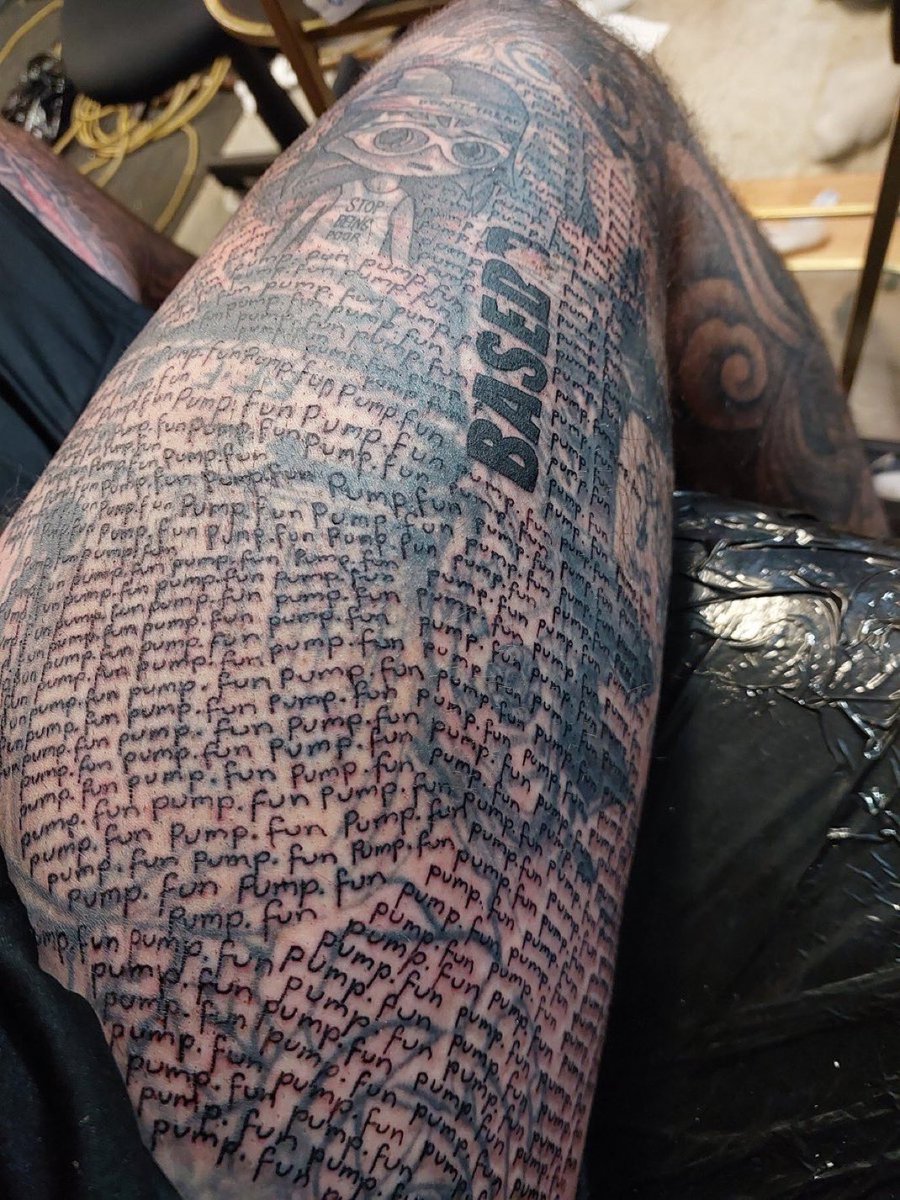 PumpInk_Jord's tweet photo. Day 56 of tweeting @a1lon9 until he gives @whoismrdarko and the #PumpInk community the recognition we deserve. ๐
- โPumpFunโ tattooed 700 times breaking a World Record ๐ซ
- World Record broken live on PumpFun Stream ๐
- 1000 ticker world record already in application phase.
- Ticker is | $PumpInk
#PumpInk
#crypto #pumpfun #Jew
