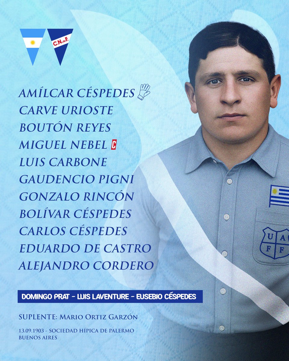 Nacional's tweet photo. 𝟭° 𝗧𝗿𝗶𝘂𝗻𝗳𝗼 𝗱𝗲 𝗹𝗮 𝗦𝗲𝗹𝗲𝗰𝗰𝗶𝗼́𝗻 𝗨𝗿𝘂𝗴𝘂𝗮𝘆𝗮🇺🇾

El 𝟭𝟯/𝟬𝟵/𝟭𝟵𝟬𝟯 la Selección Uruguaya de Fútbol, representada íntegramente por jugadores de Nacional venció por 3 a 2 a la Selección Argentina.

Ante la deserción de otros clubes de a Liga Uruguaya, el Decano dijo presente disputando el partido en la Sociedad Hípica de Palermo en Buenos Aires.

👕Uruguay vistió camisa celeste con una delgada franja diagonal blanca, banderita patria, escudo de la League y bermudas oscuras.

👉🏻La delegación también fue integrada por dirigentes de Nacional como Domingo Prat, Luis Laventure y acompaño la delegación, Don Eugenio Céspedes padre de los hermanos Céspedes.

Con dos goles de Carlos y uno de Bolívar Céspedes, la Celeste sentenció el pleito presenciado por 7000 asistentes, dando vida asi a la leyenda que hasta nuestros tiempos perdura "𝗡𝗔𝗖𝗜𝗢𝗡𝗔𝗟 𝗘𝗦 𝗨𝗥𝗨𝗚𝗨𝗔𝗬"🔵⚪️🔴