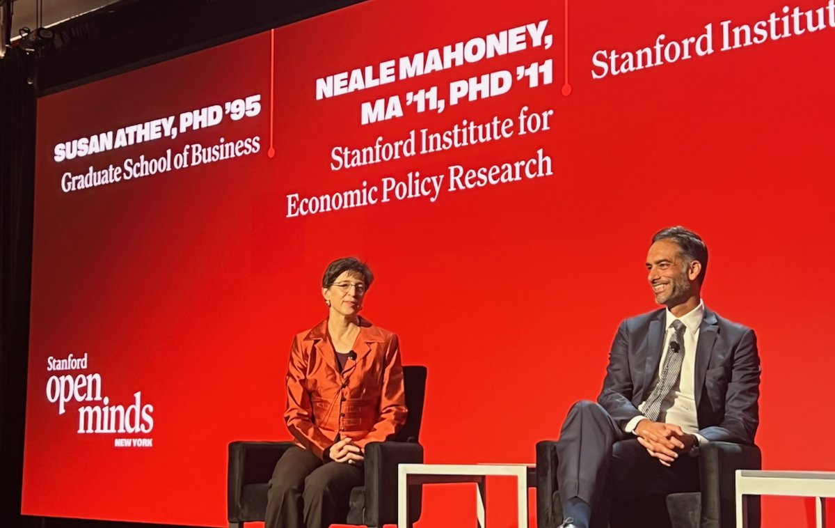 SIEPR's tweet photo. Excitement is in the air as @Stanford Open Minds in New York gets underway today! SIEPR Director @nealemahoney and SIEPR Senior Fellow @Susan_Athey will join @drfeifei on stage at the sold-out @stanfordalumni event for a conversation with Russ Altman on the innovation economy — to be recorded for a special episode of @stanfordeng’s The Future of Everything podcast.
