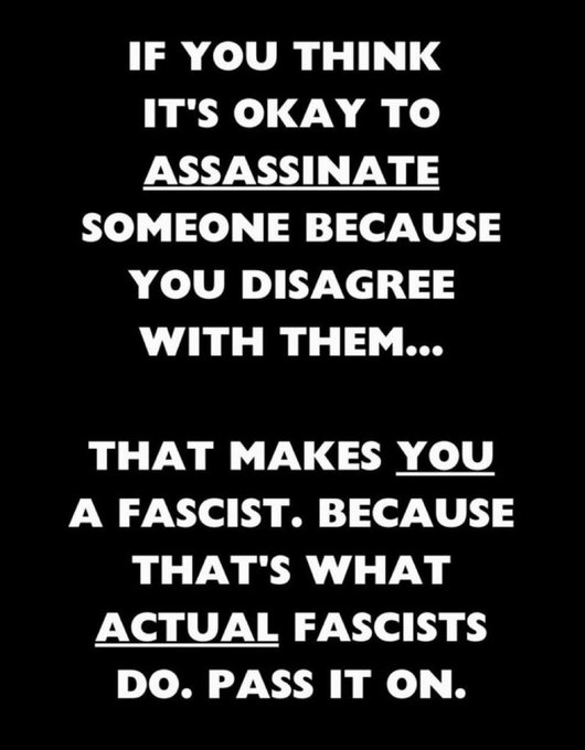 Black background with white text stating "IF YOU THINK IT\'S OKAY TO ASSASSINATE SOMEONE BECAUSE YOU DISAGREE WITH THEM... THAT MAKES YOU A FASCIST. BECAUSE THAT\'S WHAT ACTUAL FASCISTS DO. PASS IT ON."