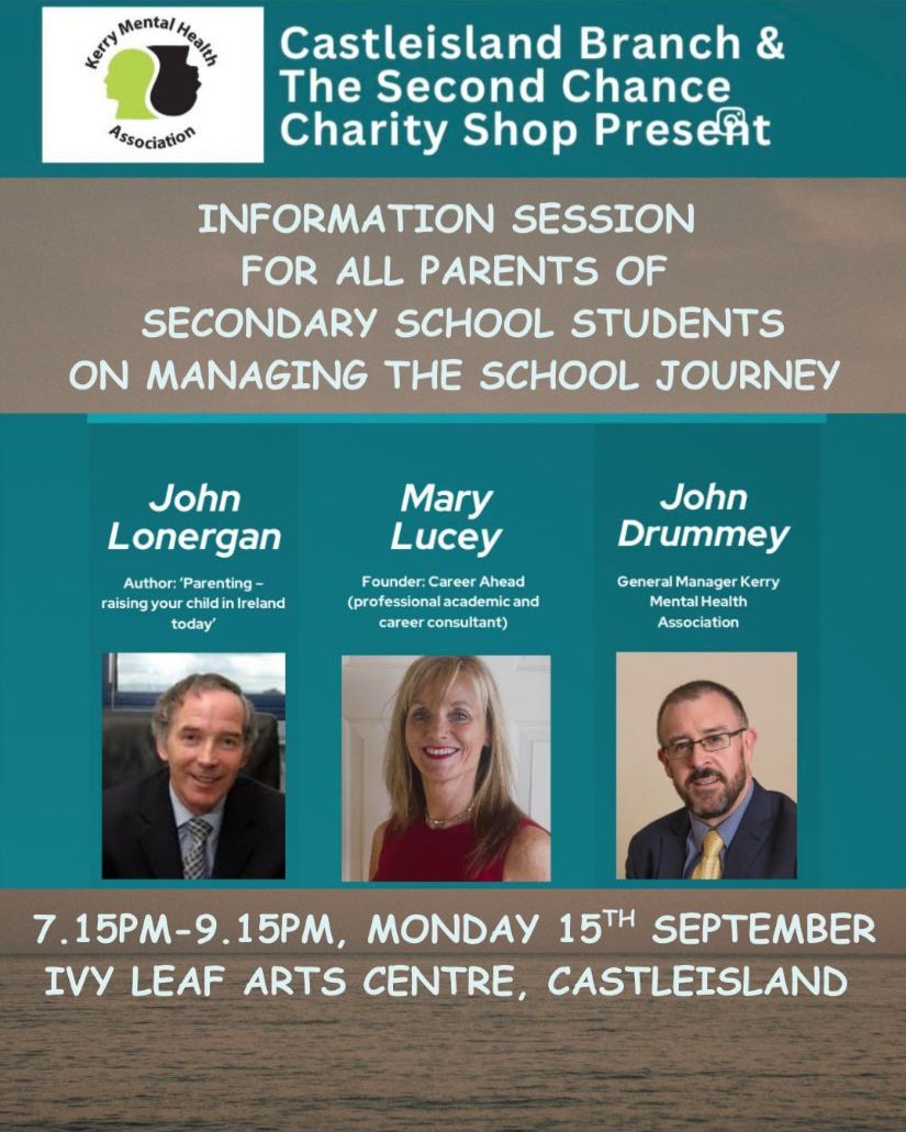 Great FREE event for parents of secondary students in Castleisland from 7.15pm on Monday 15th Sept at the Ivy Leaf Arts Centre with John Lonergan,  Mary Lucey and <a href="/JohnDrummey/">John Drummey</a>