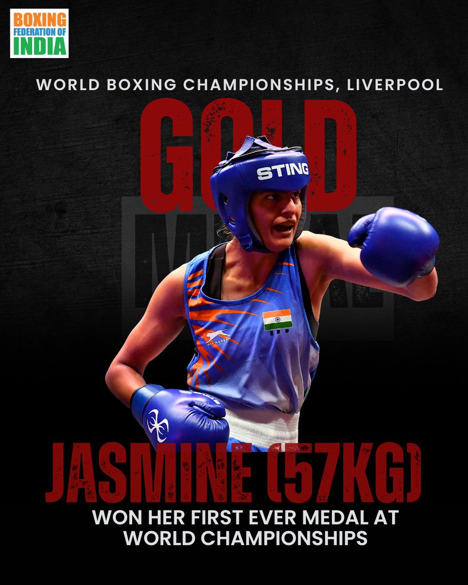 BFI_official's tweet photo. GOLD for Jasmine Lamboria (57kg)! 🥇 

After a cautious start, she stormed back in R2 &amp; R3 to beat Paris 2024 silver🥈 medalist Julia Szeremeta 4–1 and clinch her first World Championships medal in Liverpool. 🇮🇳🥊Congratulations Champ @BoxerJaismine 
#Boxing #WorldChampionships https://t.co/khSBy5OhLg