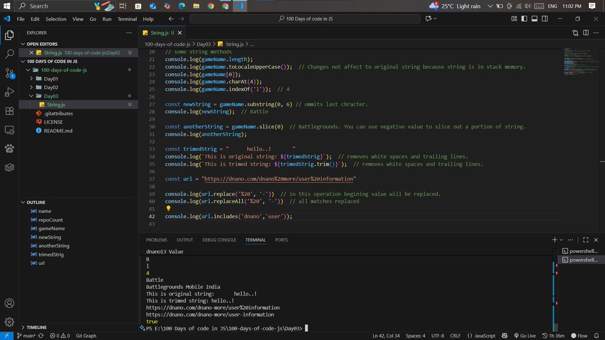 Coder_dnano's tweet image. ๐Day 03/100 of #100DaysOfCode โ Done โ
Topic: String Methods in JS!
Key methods:
๐น slice()
๐น substring()
๐น includes()
๐น replace()
๐น split()
๐น charAt()
And more...
These are helping me manipulate strings with ease! ๐ก
#JavaSript #WebDevelopement