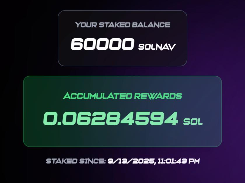 SolNavAI's tweet image. 🔒 Flexible Staking: Stake a minimum of 60,000 $SolNav. Your tokens are never locked, you can unstake at any time.

💰 Earn in SOL: Once you stake, you’ll start earning SOL rewards directly in your dashboard.