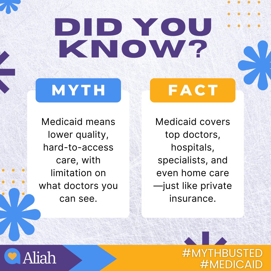 AliahHomeCare's tweet image. ❌ Myth: Medicaid means lower quality care.
✅ Fact: Medicaid covers top doctors, hospitals, specialists, and even home care—just like private insurance.
#MythBusted #MedicaidCoverage #HealthcareForAll