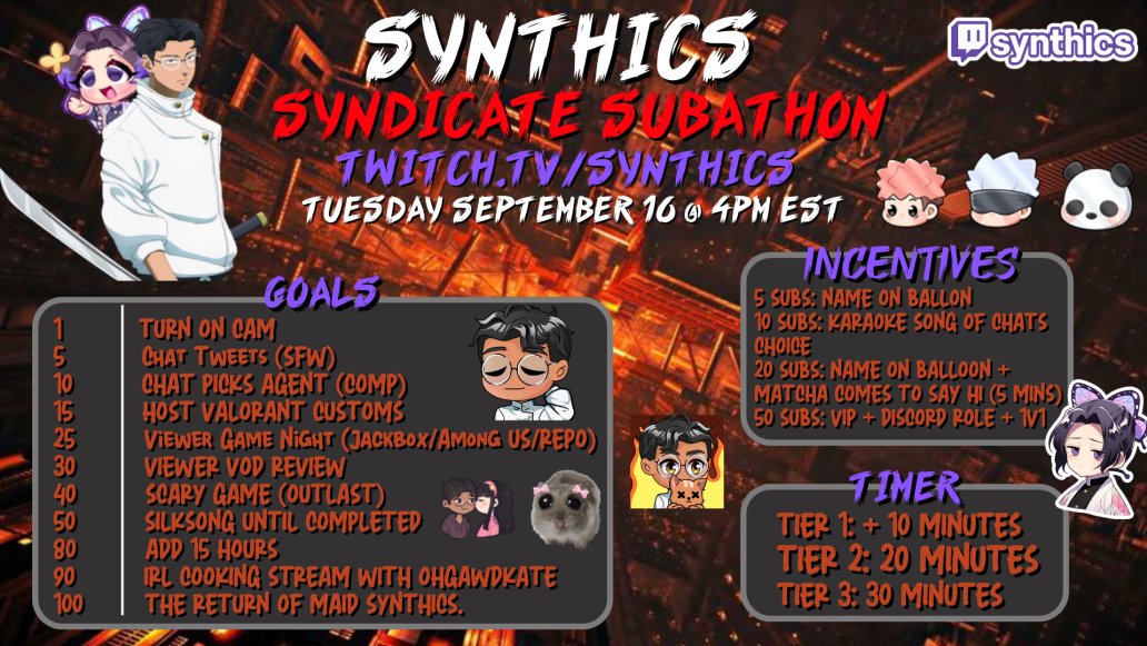 GUYS, IT'S THAT TIME OF THE YEAR AGAIN FOR THE ANNUAL SYNTHICS SYNDICATE SUBATHON 

HOPE TO SEE Y'ALL THERE 

Maid synthics is going to return... maybe?

When: Tuesday, September 16th, 2025, 4:00 pm EST
Where: twitch.tv/synthics