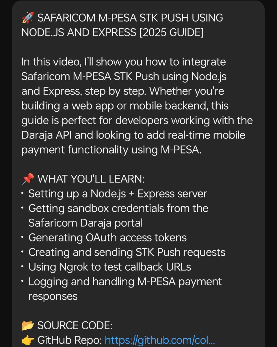 ColloFrontend's tweet image. 🚀 New Video Alert!
Learn how to integrate Safaricom M-PESA STK Push using Node.js &amp;amp; Express — full 2025 guide is now live! Check it out: 🎥 youtu.be/c9fKdwZSNLU

#mpesa #darajaapi #nodejs