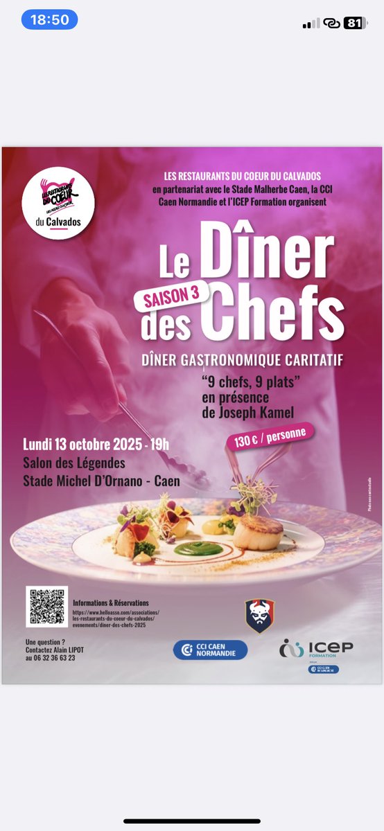 lipot2's tweet photo. En partenariat avec le Stade Malherbe Caen , la CCI et l’ICEP dîner des chefs saison 3 le lundi 13 octobre dans le salon des légendes 
Cliquez sur le QR code et suivez les instructions 
On compte sur vous ❤️❤️❤️ https://t.co/r80lgjGfSw