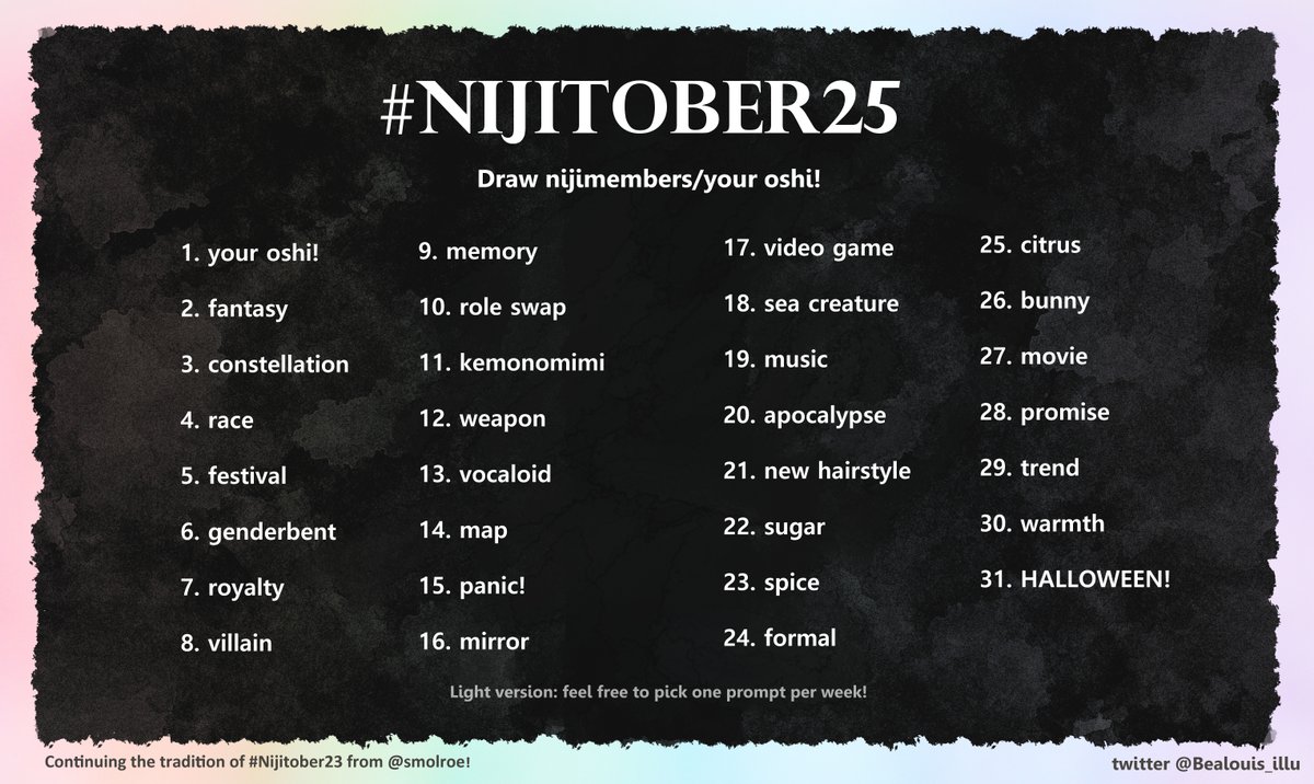 It's almost October which means we're back with another #Nijitober25 challenge! 🌈
Please enjoy this year's prompts and have fun! 

rules below⬇️
