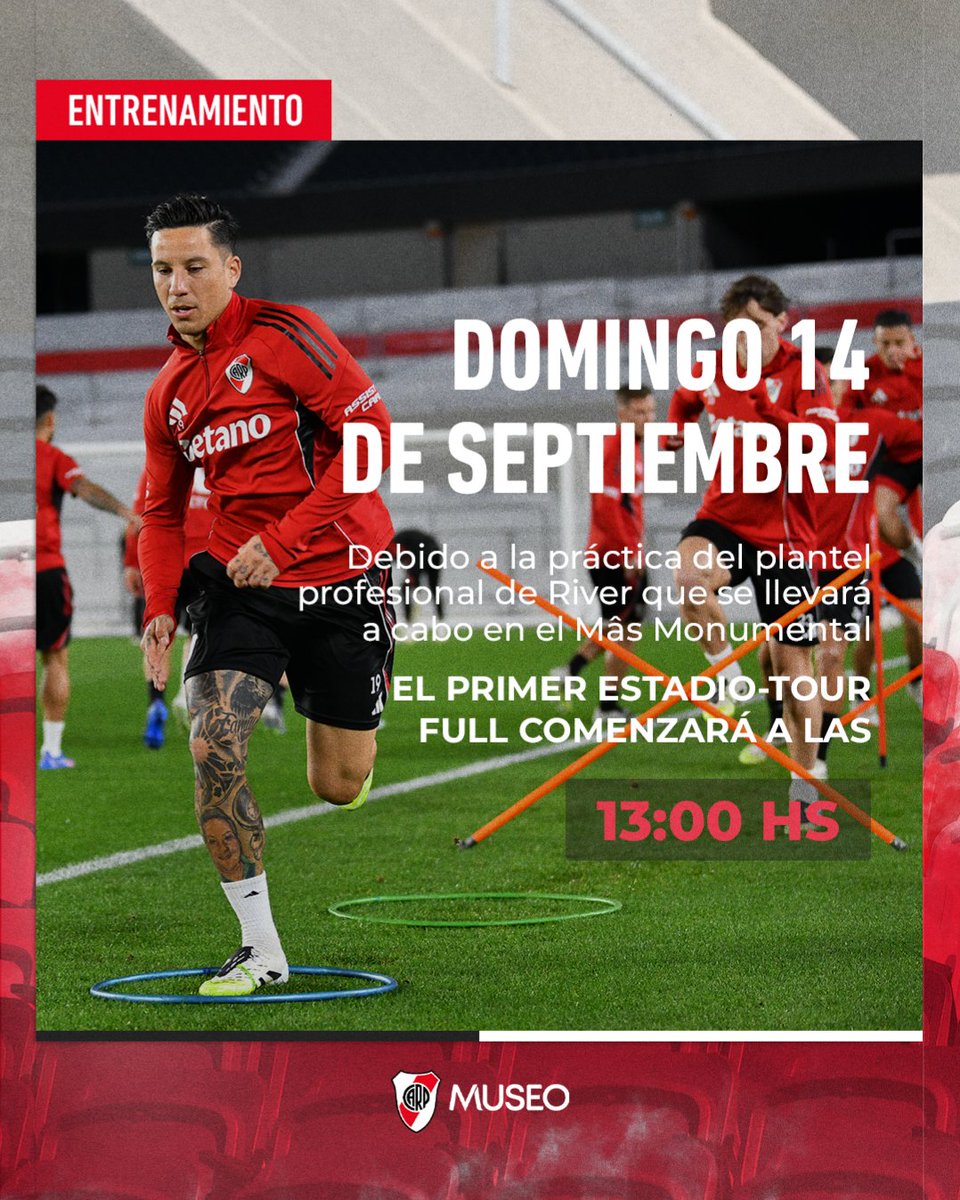 📣 [𝗜𝗠𝗣𝗢𝗥𝗧𝗔𝗡𝗧𝗘] Horarios del Museo River para el domingo 14 de septiembre 🏛📆

🕙 Apertura: 10:00 hs.
🏟 Primer Estadio-Tour Full: 13:00 hs.
💺 Primera Visita Express: 13:15 hs.
🕖 Cierre: 19:00 hs.