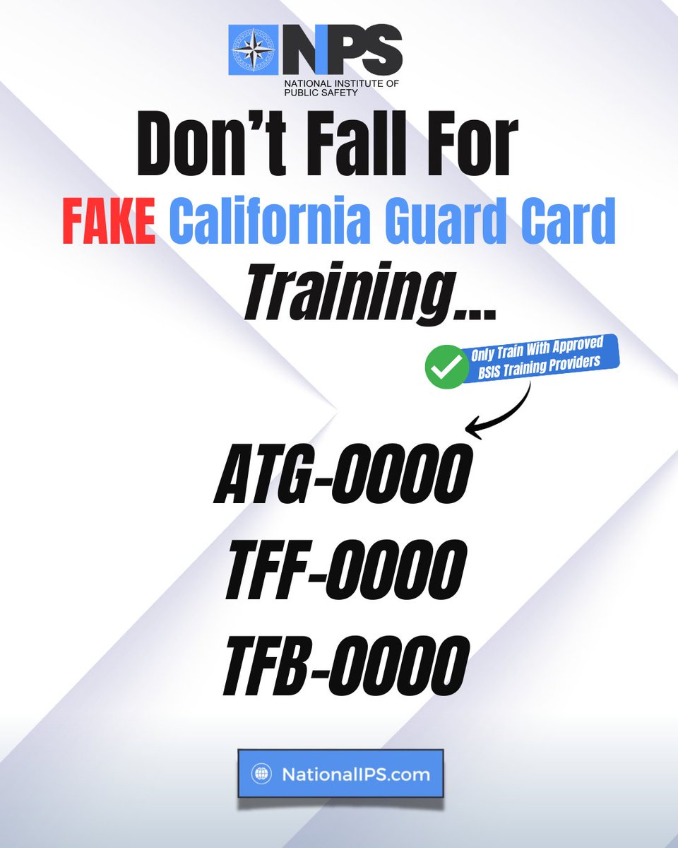 ⚠️ Don’t Get Scammed With Fake California Guard Card Training! ⚠️

Before you sign up for any California Guard Card course, make sure your training provider is BSIS-approved.

💡 If they don’t list one of these BSIS Training license numbers, it’s not legit:

✅ ATG-0000
✅