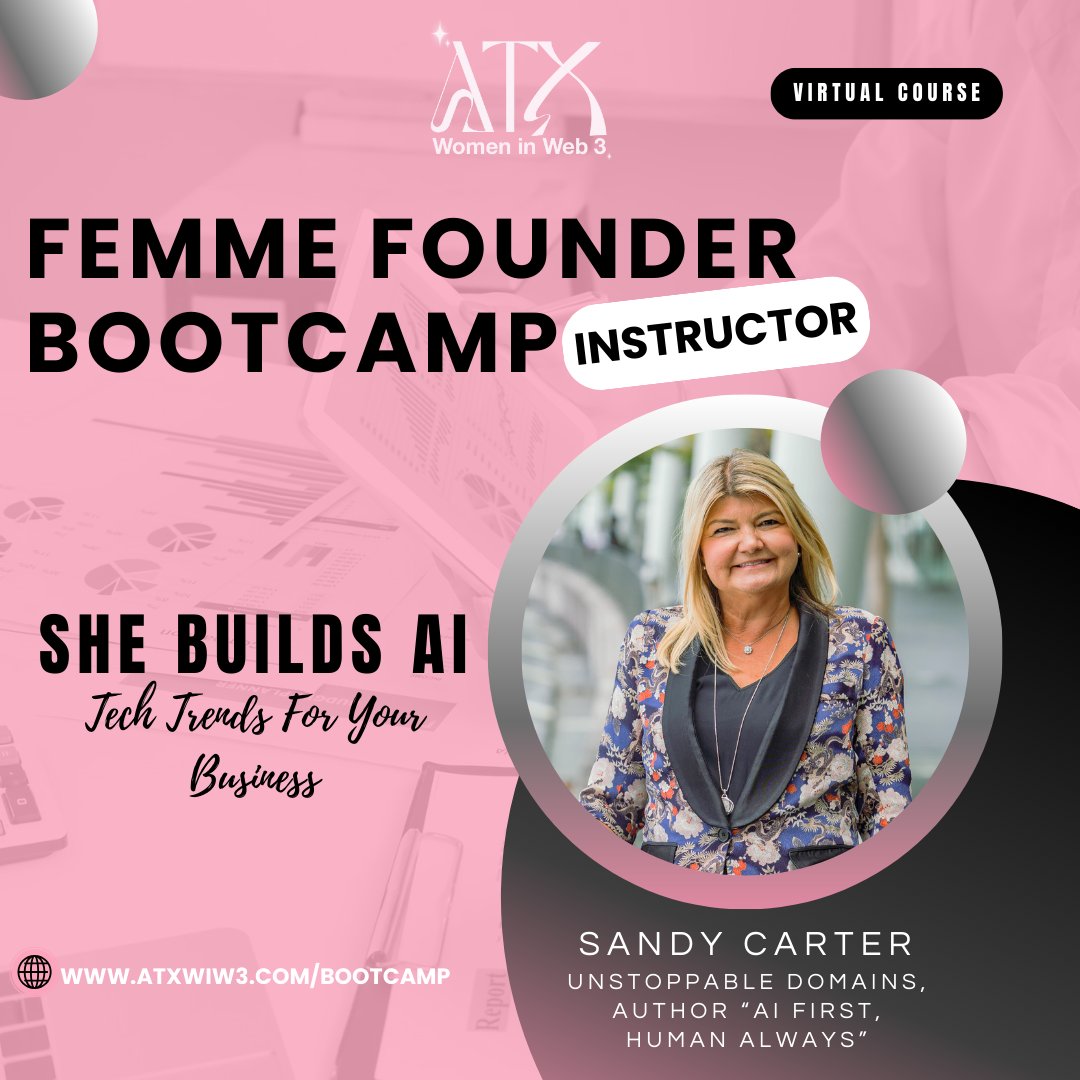 ✨Instructor Spotlight: <a href="/sandy_carter/">Sandy.agi; gm.Brave</a> ✨
Join us as Sandy Carter, COO at <a href="/unstoppableweb/">Unstoppable Domains</a>  &amp; author of AI First, Human Always, leads She Builds AI: Tech Trends for Your Business in Femme Founder Bootcamp S2!
🚀 Orientation kicks off 9/23 - register now 👉 atxwiw3.com/bootcamp