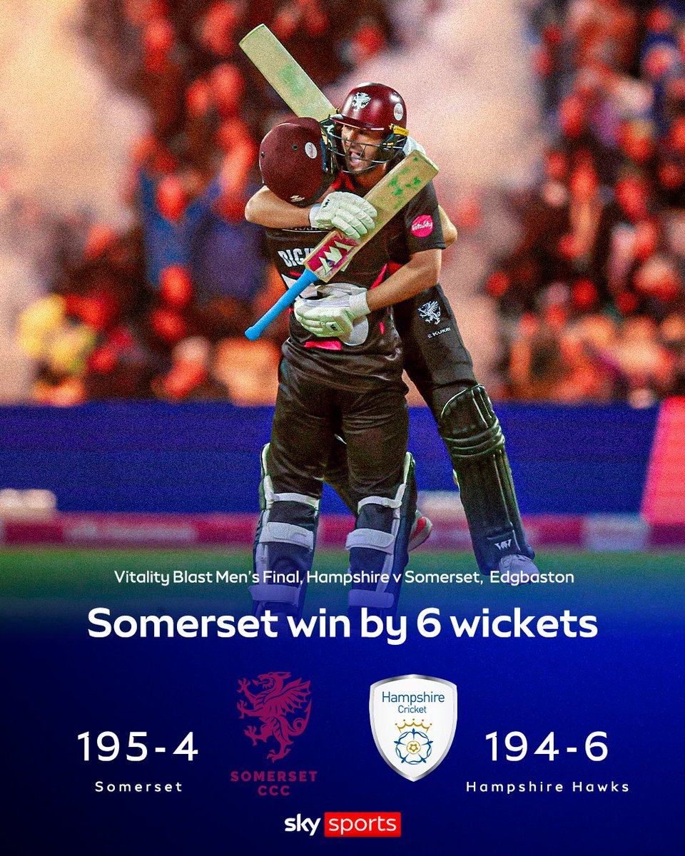 SkyCricket's tweet image. Somerset are your 2025 Vitality Blast champions 👑

They completed a Finals Day record chase against Hampshire to claim victory 👏