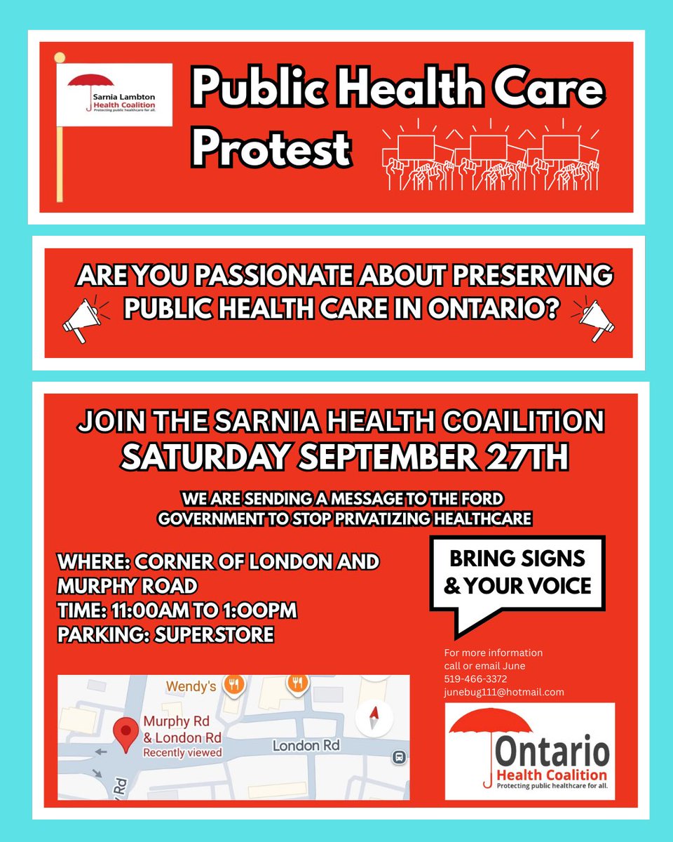 SLontHealth's tweet image. 📣 Public💰is being diverted from public Hospital's to private clinics. Two-tiered health care does not provide universal care for all. Join The #Sarnia #Lambton Health Coalition public rally. #HealthCareForAll #SLont #OntHealth #Bill60 privatizing Ontario health care.