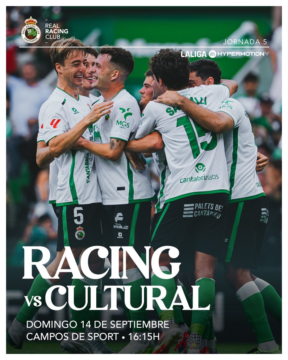 ⚔️ Quinto #MatchDay de la temporada ¡Vamos por todo!

🆚 <a href="/CyDLeonesa/">Cultural y Deportiva Leonesa</a> 
⏱️ 16:15 horas
🏟️ Campos de Sport
📺 LaLiga Hypermotion TV

#RacingCultural #LaLigaHypermotion
