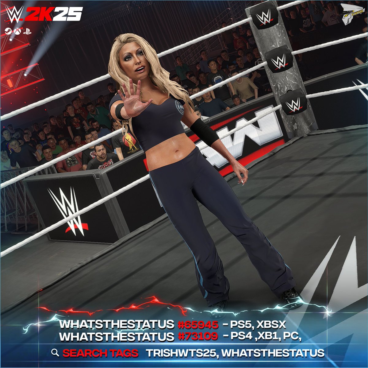 WhatsTheStatus's tweet photo. NEW! #WWE2K25 Upload To Community Creations!

★ Trish Stratus Retro

- Available on:
PS4, PC, Xbox One - WhatsTheStatus#73109
PS5, Xbox Series X - WhatsTheStatus#65945

★ Search Tag → TRISHWTS25 or WhatsTheStatus
★ Created in collaboration with @L2kgames 

★ Includes:
• Custom Portrait
● WWE Here Comes The Pain Attire
● WWe Smackdown vs RAW 2006 Attire
● Trish Stratus '03 Hidden Commentary
● Trish Stratus '03 Crowd Signs
● Trish Stratus '03 Moveset
● Trish Stratus Hidden Reversals
● Trish Stratus '03 Theme & Trons