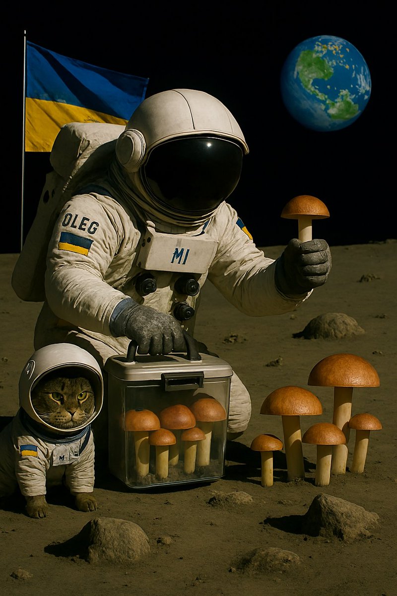 vvortex7's tweet image. "Кузя і гриби під прапором"  

Місяць лежав перед ними, безкрайній і тихий, як стародавнє море, що застигло у часі. Олег повільно присів, щоб обережно зрізати черговий гриб, і поклав його до прозорого контейнера. Кожен капелюшок був ідеально круглий, із теплим