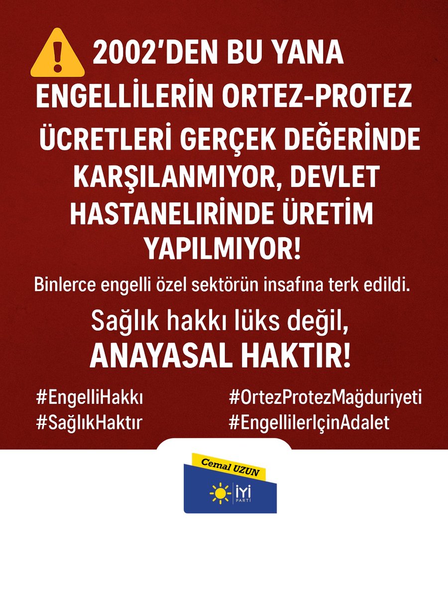 ⚠️ 2002’den bu yana ♿️engellilerin ortez-protez ücretleri gerçek değerinde karşılanmıyor, devlet hastanelerinde üretim yapılmıyor!
Binlerce engelli özel sektörün insafına terk edildi.
Sağlık hakkı lüks değil, anayasal haktır!
#OrtezProtezMağduriyeti
#EngellilerYalnızDeğil