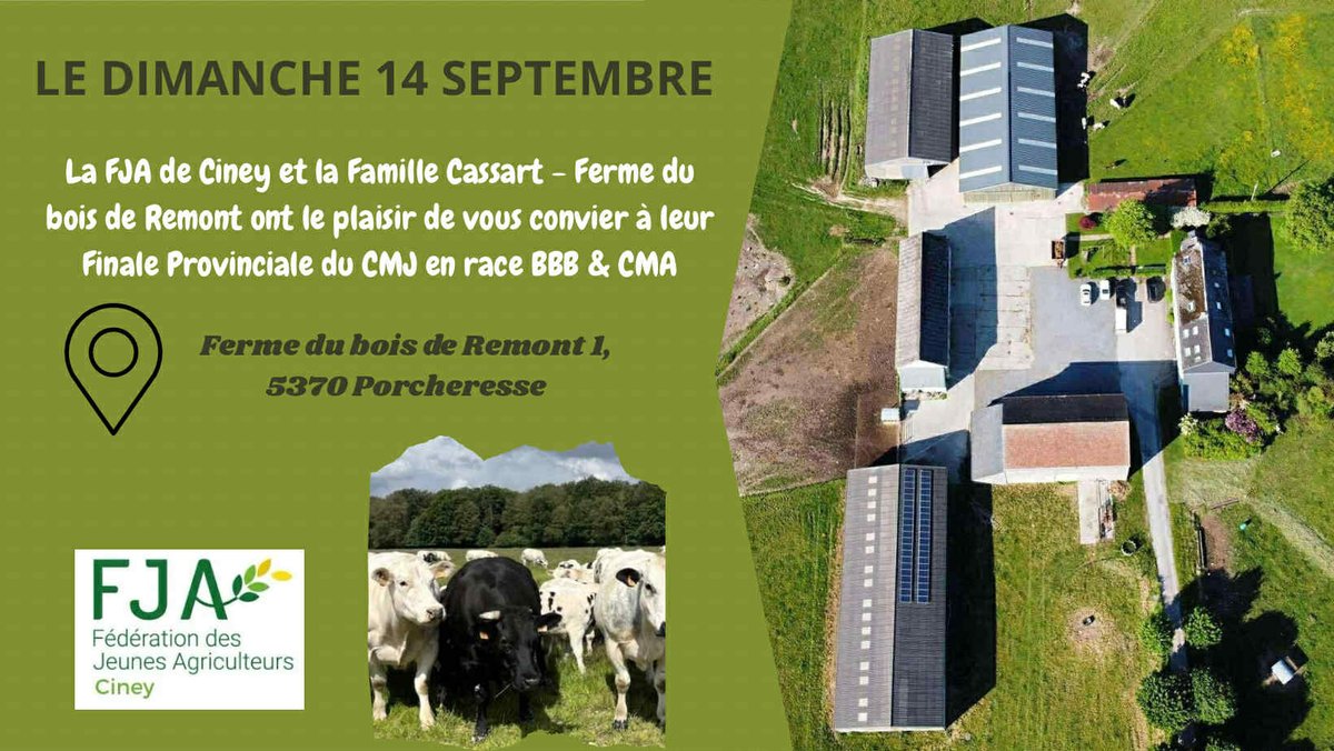 La FJA Ciney ainsi que la famille Cassart ont le plaisir de vous inviter à la finale provinciale des concours de meilleur juge BBB et de la meilleure agricultrice qui se dérouleront le dimanche 14 septembre à la Ferme du Bois de Rémont, 5370 Havelange. 
facebook.com/events/7631615…