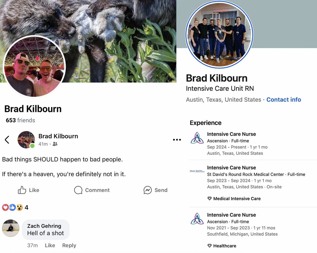 𝕏 Farm Girl (@igotqueries) on Twitter photo Brad Kilbourn, who LinkedIn shows is an ICU nurse at Ascension Health (<a href="/Ascensionorg/">Ascension</a>), openly states that:
"Bad things SHOULD happen to bad people." 
Imagine if you were in the ICU and Brad decided you were a bad person. That's scary. Brad Kilbourn, who LinkedIn shows is an ICU nurse at Ascension Health (<a href="/Ascensionorg/">Ascension</a>), openly states that:
"Bad things SHOULD happen to bad people." 
Imagine if you were in the ICU and Brad decided you were a bad person. That's scary.