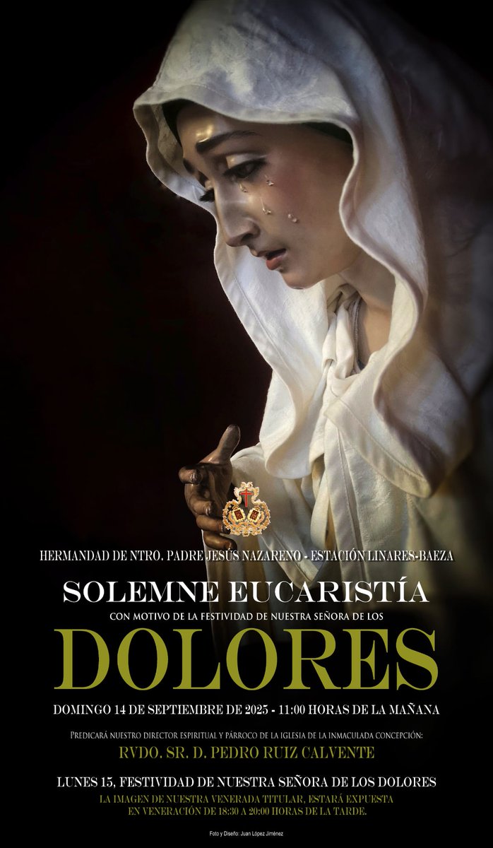 🟣 FESTIVIDAD VIRGEN DE LOS DOLORES 🟣
+ Domingo, 14 de septiembre: Solemne Eucaristía a las 11:00h
+ Lunes, 15 de septiembre: Veneración Virgen de los Dolores, de 18:30h a 20:00h 

#DoloresaEstacion