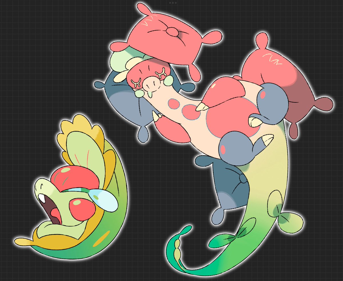 got featured in the latest Tam Valley video! here's the fakemon line i designed for it, eepea and rememmoar! inspired by the princess and the pea