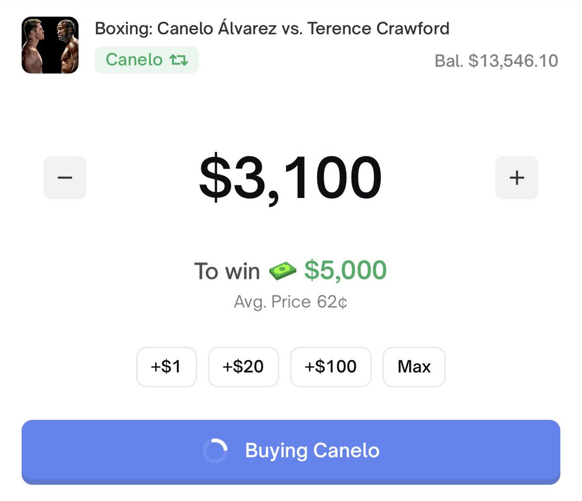Ajwritescrypto's tweet image. If Canelo Álvarez defeats Terence Crawford tonight…

Someone who likes THIS POST will win $200 in crypto! 

For all my UFC, MLB &amp;amp; Week 2 NFL picks, check out the NEW episode of my weekly @Polymarket show, No Sweat Bets!
⬇️⬇️

youtu.be/E3aSckYiyJs?si…