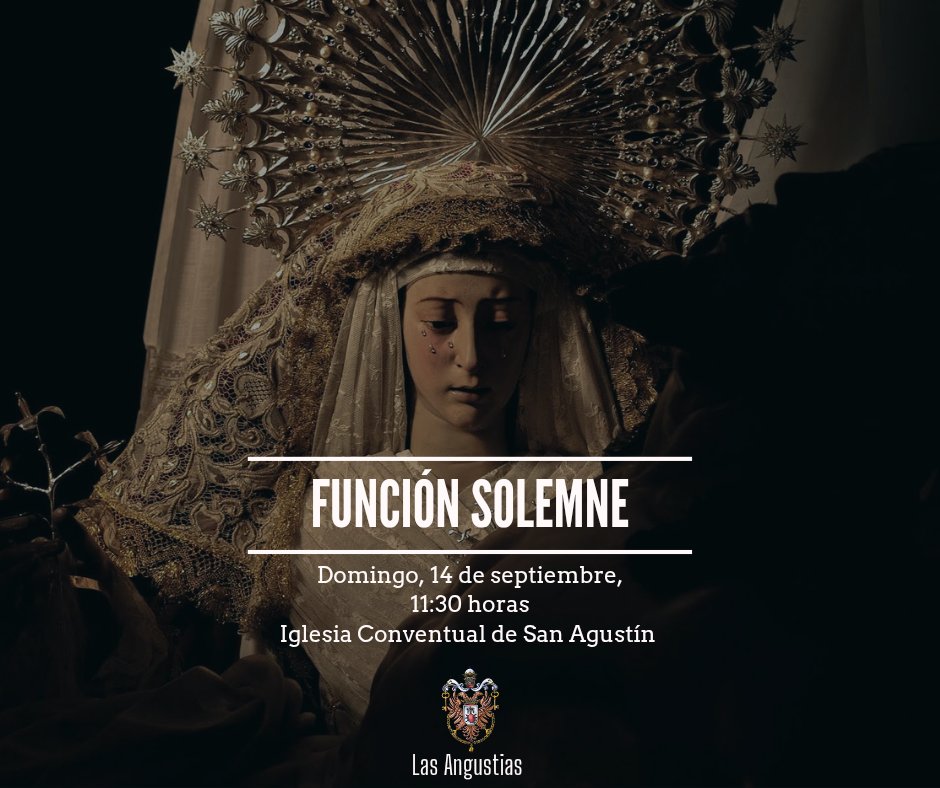 CULTOS

En el día de hoy, celebraremos la Solemne Función en honor a Nuestra Señora de las Angustias Coronada.

📅 Domingo, 14 de septiembre.
🕗 11:30 horas.
📍 Iglesia Conventual de San Agustín.
🗣️ Predica Rvdo. P. D. Francisco Javier Cañete Calero

#AngustiasDeCórdoba
