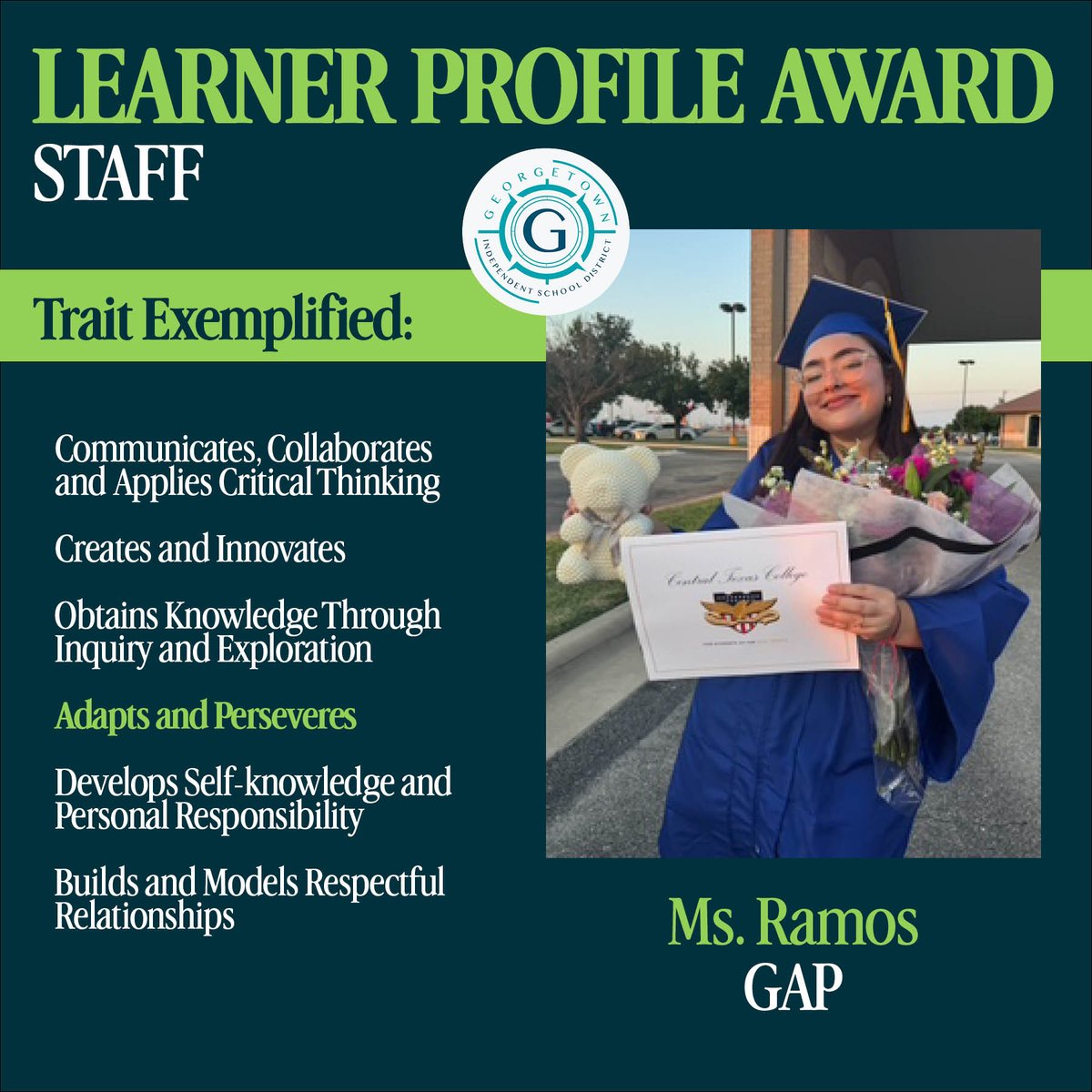 The GISD Learner Profile Award recognizes standout students and staff who exemplify our learner profile traits in and out of the classroom, as nominated by their campus leaders.
Congratulations to our first recipients of 2025-26! ⭐