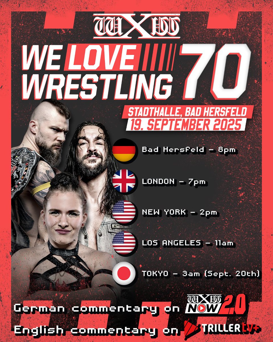 🎥 Livestream: wXw #WeLoveWrestling 70 – direkt aus der Stadthalle Bad Hersfeld!

Am 19. September feiern wir mit wXw We Love Wrestling 70 unsere Premiere in Bad Hersfeld – und die Card hat es in sich! 💥

Wer nicht live in der Halle dabei sein kann, muss nichts verpassen:
👉