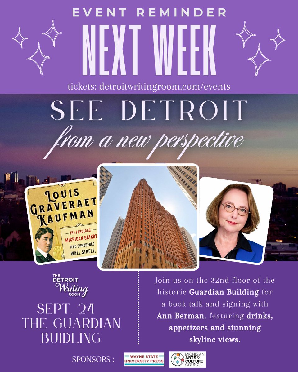 📣 Event Reminder! 📣

Next week, on Sept. 24, we’re heading 32 floors up in the iconic Guardian Building for an intimate evening with award-winning author Ann Berman.

Tickets: eventbrite.com/e/book-talk-si…