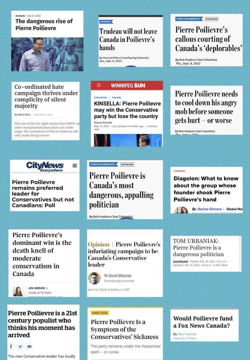 The media is responsible for most of the radicalization of individuals against public figures they don’t like. These are just some of the headlines towards Pierre Poilievre when they thought he would become PM. This affects people &amp; could cause them to harm people. When will they