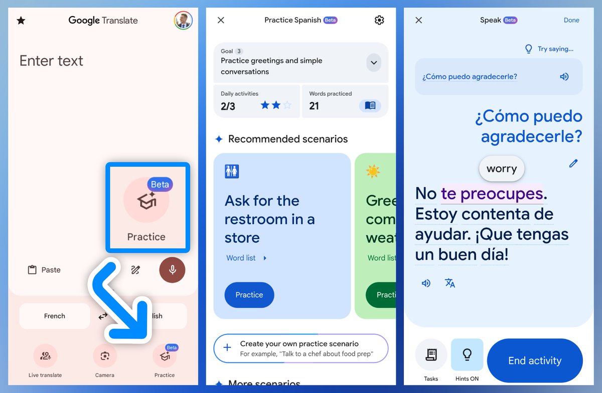 So Google Translate basically has an AI Duolingo built in now?!

You can learn a language with listening/speaking activities, adjust the difficulty in real-time...

And even generate your own practice scenario from scratch!

How to access and use it below