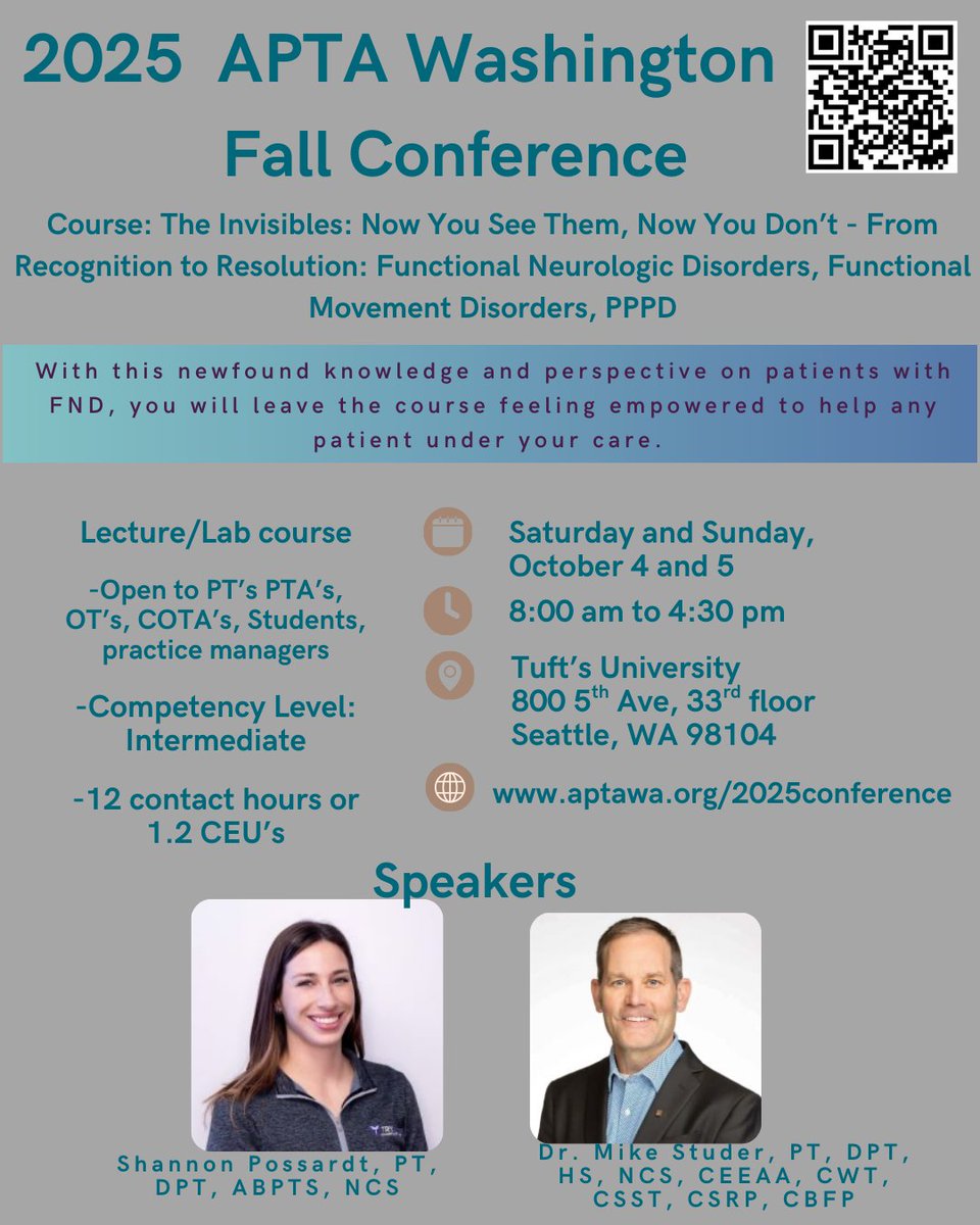 Are you interested in an FND course? Well APTA Washington has just the one. Make sure to get registered for this two day course on Functional Neurologic Disorders led by Dr. Mike Studer and and Shannon Possardt.
aptawa.org/2025conference…
