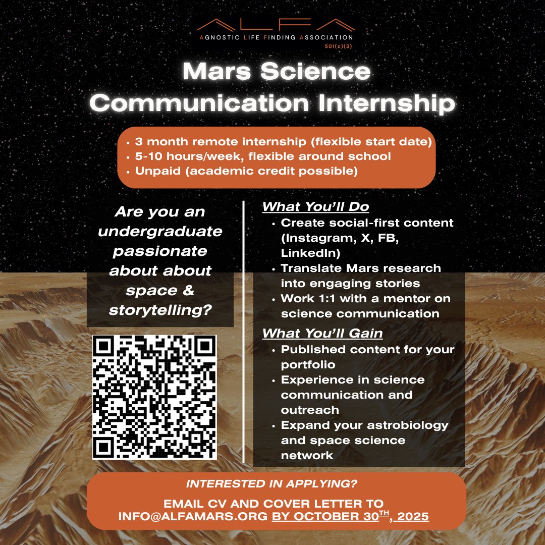 alfamarsinc's tweet photo. Hello, everyone! We have started up a new social media internship program and are now accepting applications! Please message us if you have any questions. To apply, please submit a cover letter and CV/resume to info@alfamars.org. Deadline is 10/30.

#ALFAInternships #ALFAMars https://t.co/kE2oBqbNq2