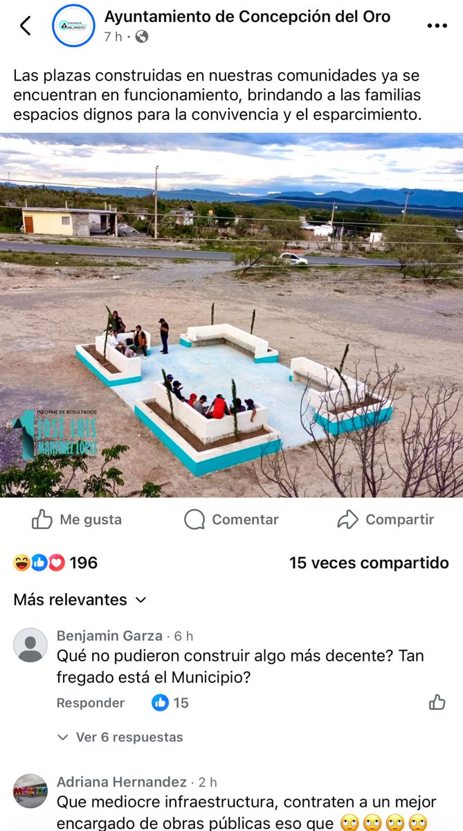 MeganoticiasZac's tweet photo. #EnRedSocial #InformeDeActividades #ConcepcionDelOro
El Ayuntamiento de Concepción del Oro difundió como “plaza digna” una pequeña obra incluida en el informe del alcalde José Luis Martínez López.
La publicación desató críticas y burlas https://t.co/xhay9SIxUr