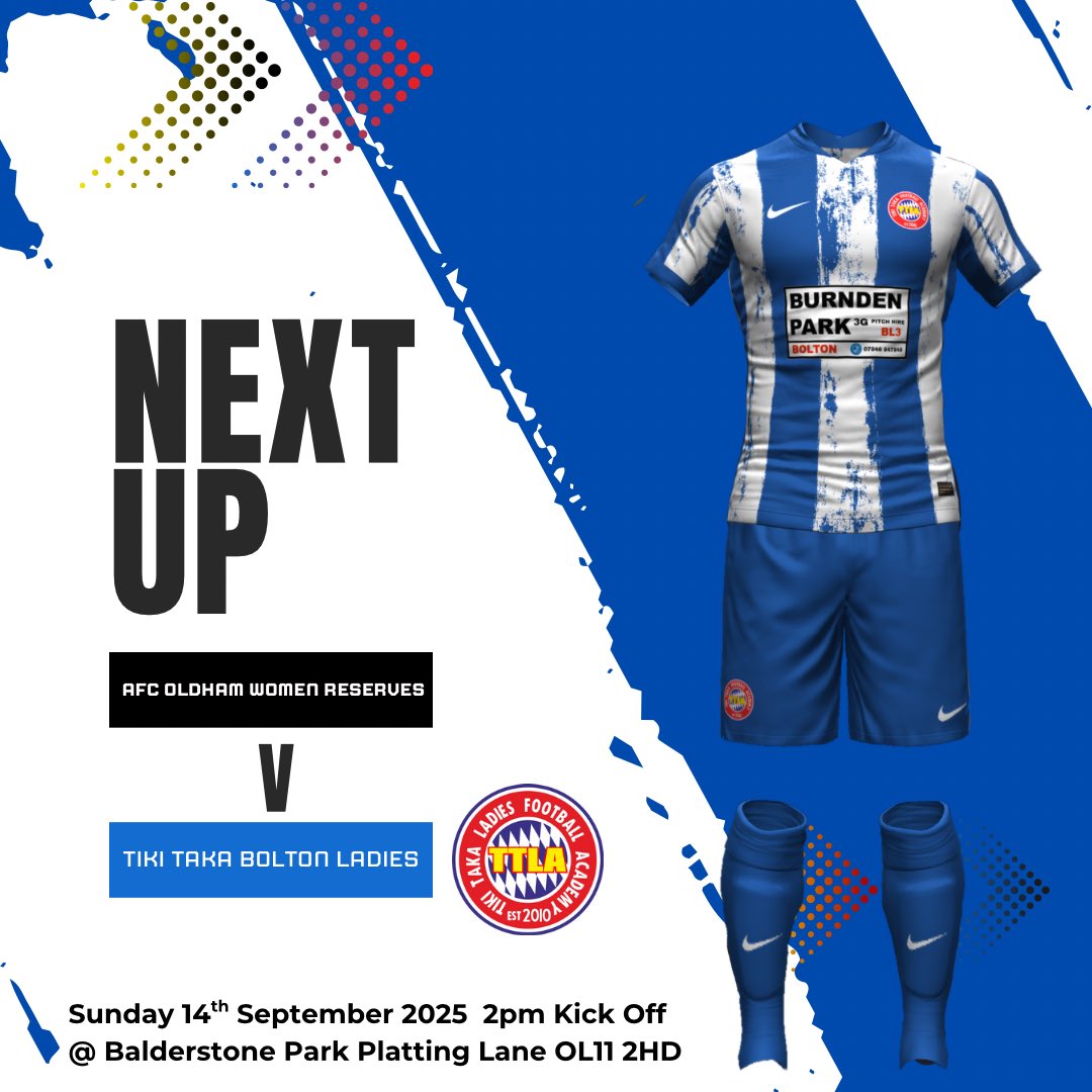 Tiki Taka Ladies FA are ready to play AFC Oldham Reserves Sunday The goal is simple another clean sheet and three points
A Big Thank You to our Kit Sponsors @ Burnden Park 3G  Hire Croft Lane Bolton BL3 2RS
☎️  07846 847848 
And our Player Sponsors Walkden Metals Wairarapa futsal