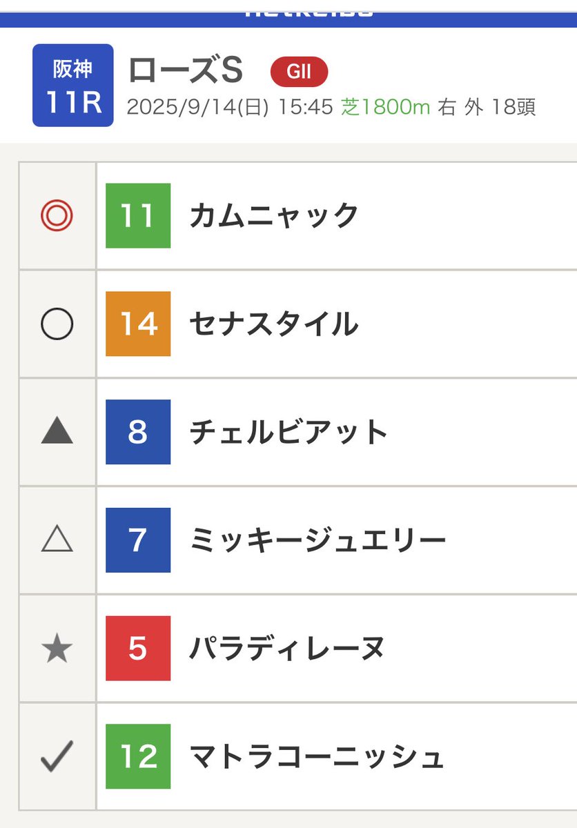 ◎カムニャック 川田
オークス馬に敬意を表して。夏をうまく越してきた印象。右回りがどうのこうのでなくポテンシャル、調子、変化が1番↗︎。
◯セナスタイル 岩田康
Sottsass×ヌーヴォレコルト。2戦2勝。先を感じる馬。やってみないとわからないなら買い！