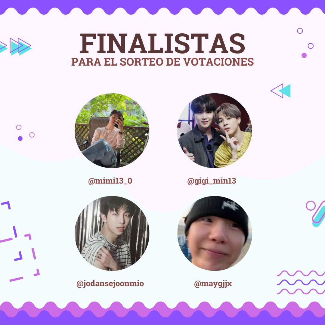 Army_Peruchas's tweet image. 🚨¡ATENCIÓN ARMY PERUCHAS!🚨
Estos son los FINALISTAS de nuestro sorteo de la dinámica de Votaciones ✨

🔥 El SORTEO será HOY 

¿Listos para conocer al ganador/a? 👀

Finalistas:
@mimi13_0 
@gigi_min13 
@jodansejoonmio 
@maygjjx 
Muchísima suerte💜

#TeamArmysPeruchas #BTS #ARMY