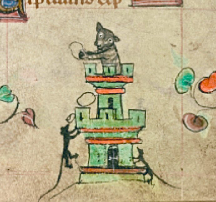 At Castelo do Gato, not far from Lisbon, Sir Grimalkin fought a one man defence against the besieging rodent army   -   14th century, British Library, Harley MS 6563, f. 72r