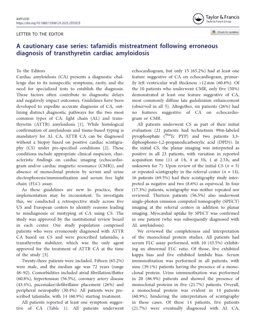 MasriAhmadMD's tweet image. Since we started this initiative, things have gotten worse. We have stopped tafamidis on many more patients, but the principles are the same. Careful evaluation of ATTR-CM diagnosis is vital to avoid diagnostic and therapeutic errors.  

tandfonline.com/doi/10.1080/13…

#cardiotwitter