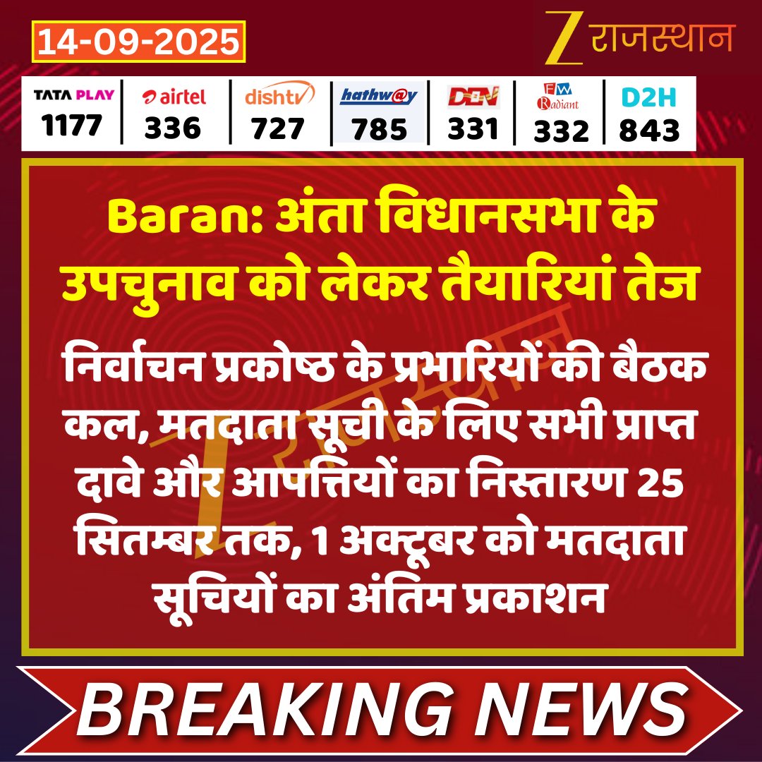 #Baran जिले की अंता विधानसभा के उपचुनाव को लेकर तैयारियां तेज

निर्वाचन प्रकोष्ठ के प्रभारियों की बैठक कल, मतदाता सूची के लिए सभी प्राप्त दावे और आपत्तियों का निस्तारण 25 सितम्बर तक, 1 अक्टूबर को मतदाता सूचियों का अंतिम प्रकाशन

<a href="/baran_dm/">dm_baran_</a> #LatestNews #RajasthanNews