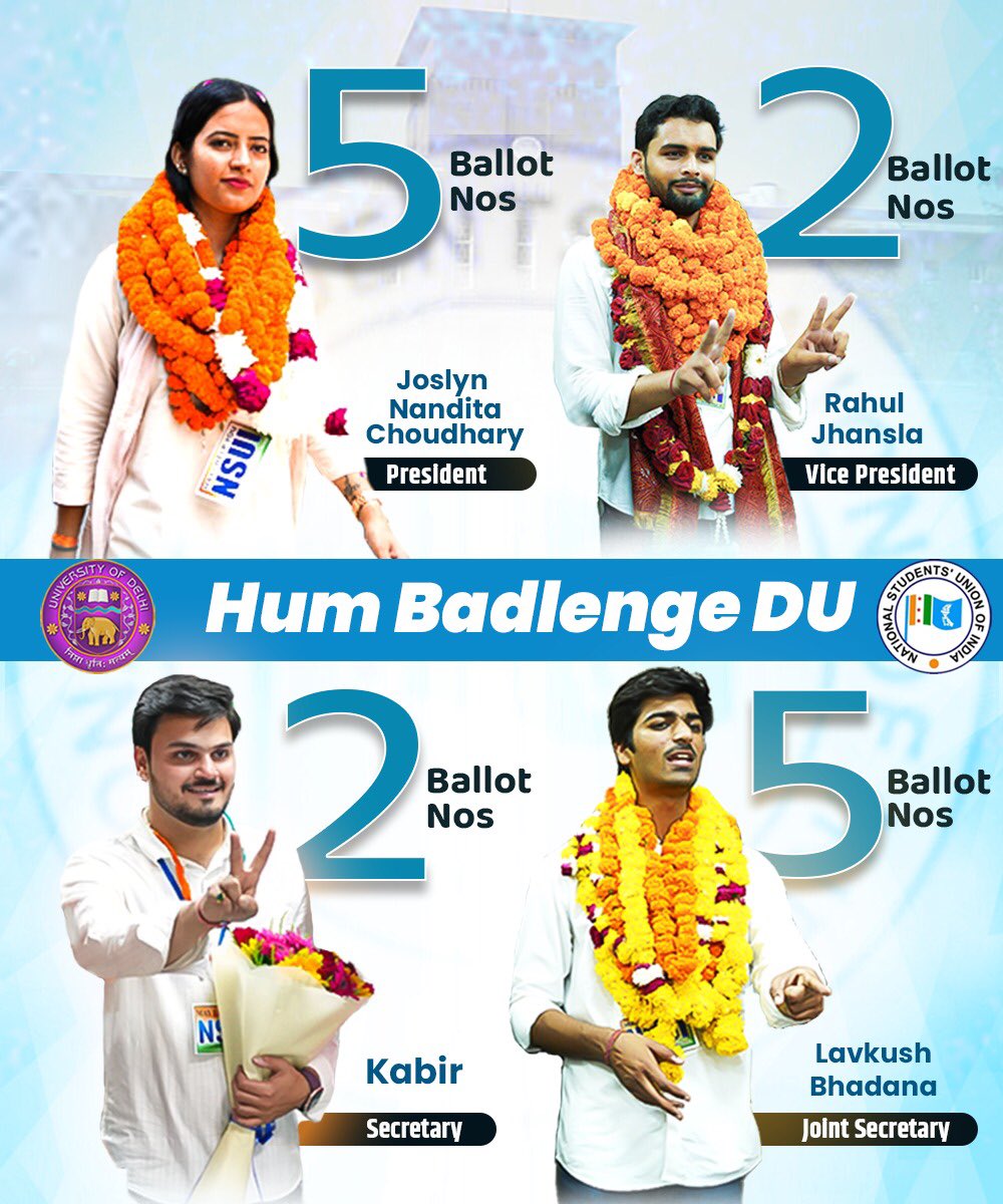 Change starts here — with students.
It doesn’t whisper, it roars.
And today, that roar is 5️⃣2️⃣2️⃣5️⃣.

Presenting the voices of tomorrow for DU:
5️⃣ Joslyn Nandita Choudhary – President
2️⃣ Rahul Jhansla – Vice President
2️⃣ Kabir – Secretary
5️⃣ Lavkush Bhadana – Joint Secretary

This