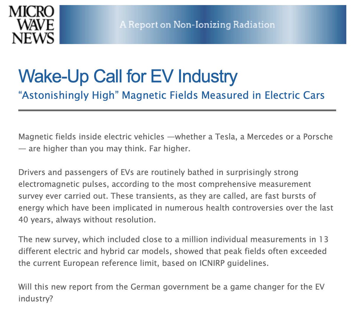 ze_rusty's tweet image. High Magnetic fields in Electric cars,

Wake up call for EV Industry

— Microwave News, 11th September 2025