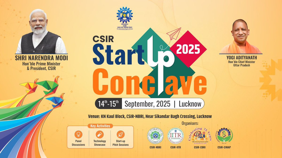 DrJitendraSingh's tweet image. Powering the Next Wave of #ViksitBharat Entrepreneurs!
After three successful editions in Jammu, Hyderabad and Mumbai, the 4th CSIR #StartUpConclave is all set to take place in #Lucknow on 14th–15th September 2025.
A golden opportunity for innovators, StartUp entrepreneurs,…