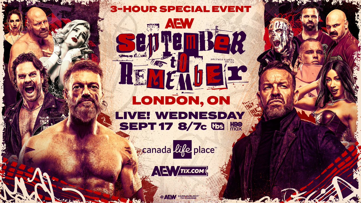 AEW's tweet image. 🚨 REMINDER! 🚨

Wednesday Night we&apos;re presenting a 3-Hour Special Event!

Don&apos;t miss #AEW September to Remember LIVE at 8/7c on @TBSNetwork + @SportsOnMAX, THIS WEDNESDAY, 9/17!