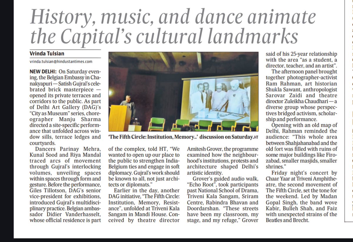 vrinda_tulsian's tweet photo. I’ve always loved Delhi’s architecture--from Gujral’s Belgium Embassy to Habib Rahman’s Rabindra Bhavan and Nehru’s nation-*building* vision. This weekend, thanks to @DAGworld, I saw dancers on Gujral’s embassy walls and traced Mandi House’s history. It all felt alive. https://t.co/pgE02ZLClb